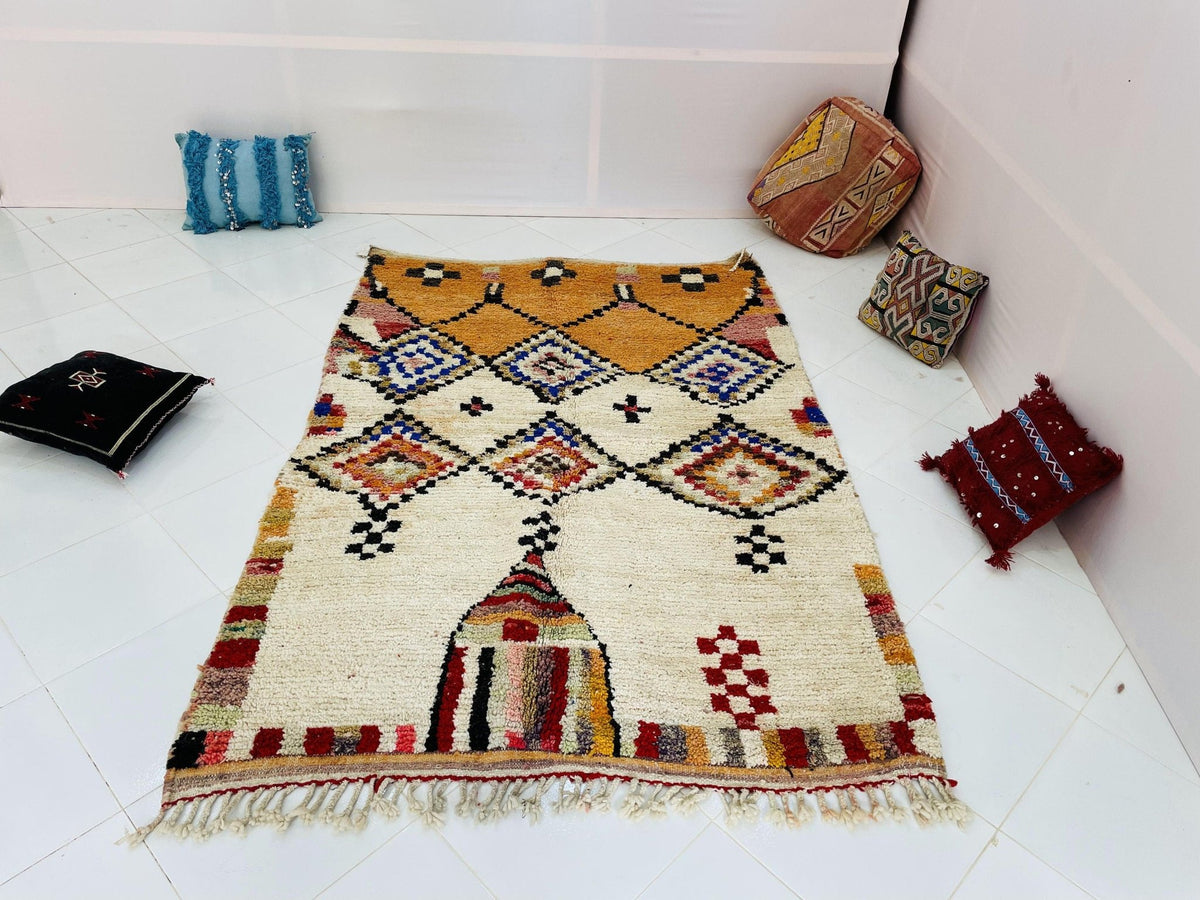 Detail shot showcasing the fringe and colorful borders of the rug edge.