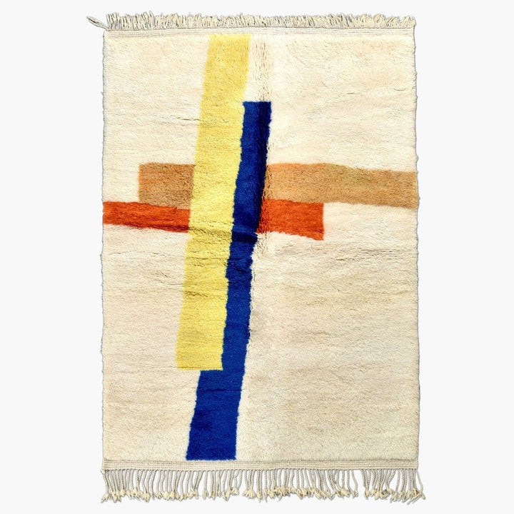 Front view of the cream multicolor linear Moroccan rug with geometric patterns in fall colors.