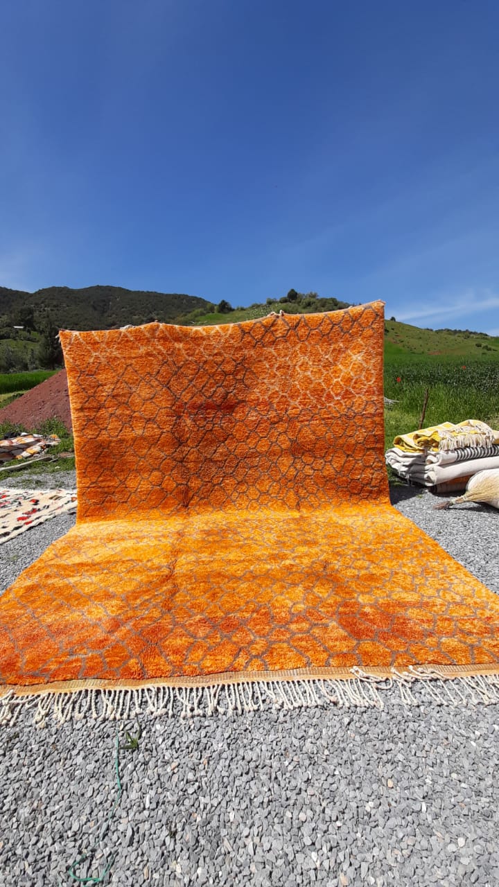 Lifestyle shot featuring an orange Beni Ourain Moroccan rug showcasing its soft texture in a natural setting.