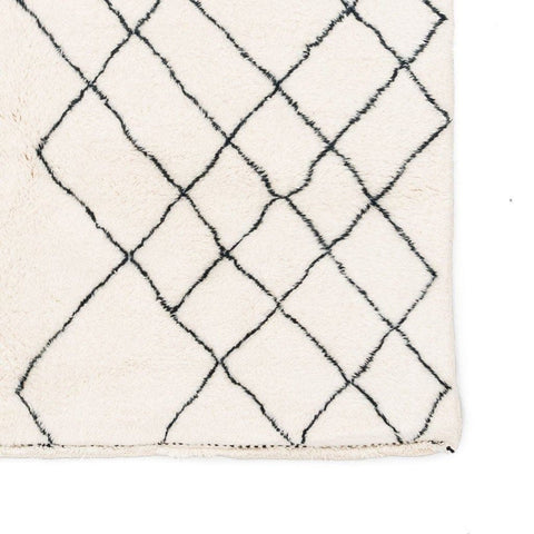 Detailed view of the geometric pattern on the black and white rug.