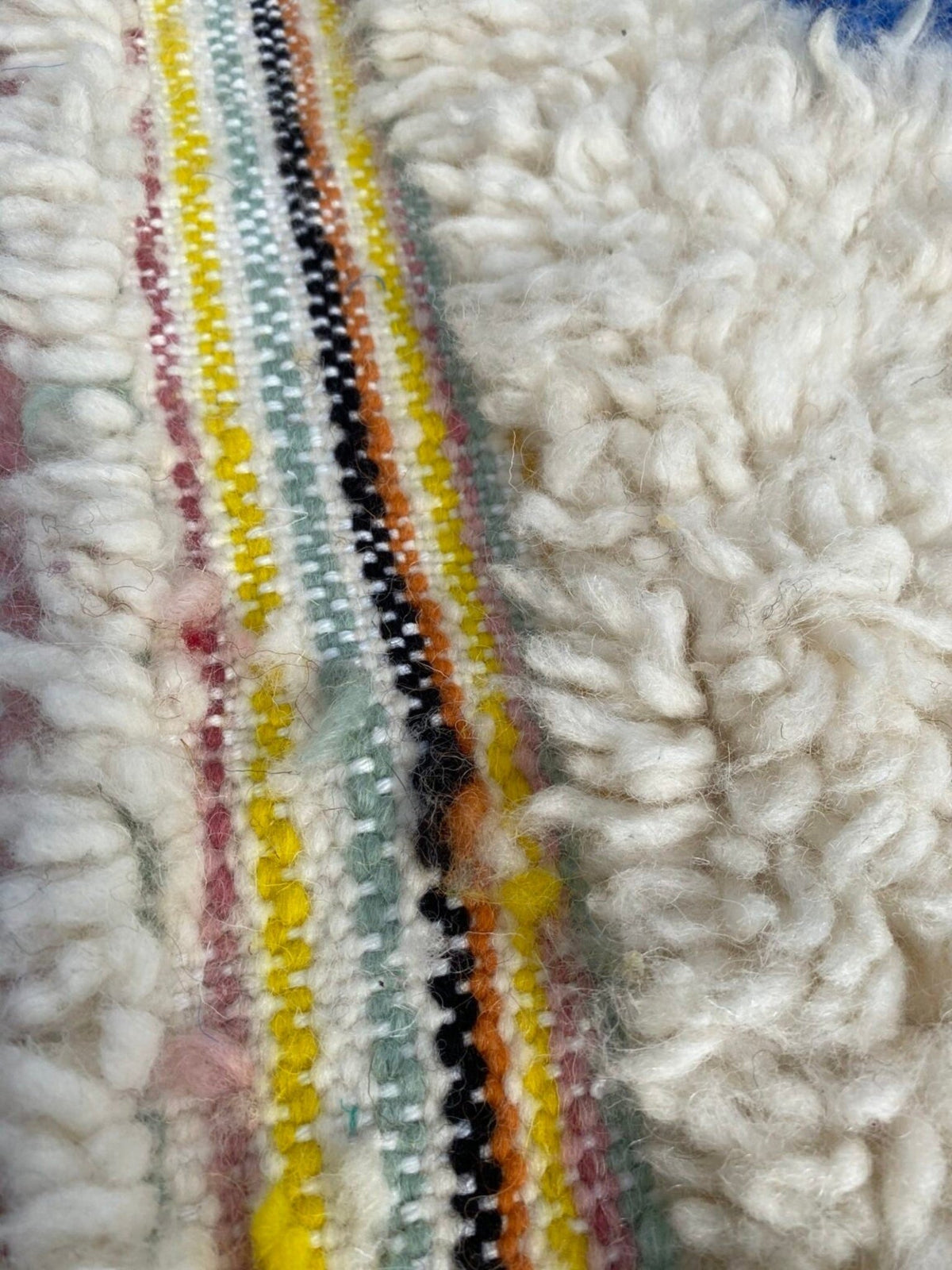 Close-up detail of a bohemian rug highlighting its textured surface and colorful threads.