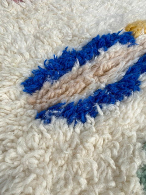 Close-up detail of a bohemian rug featuring textured fibers and a colorful pattern.