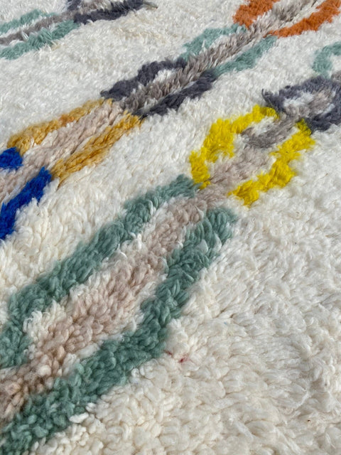 Close-up detail of a bohemian rug with a geometric design and textured fibers.