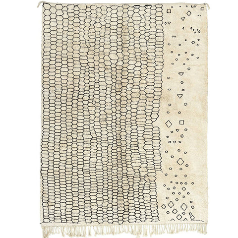 Front view of the off-white Moroccan rug with a contemporary design.