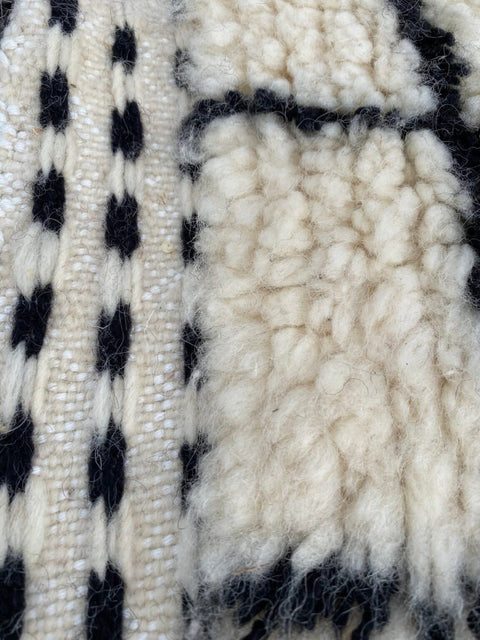 Lifestyle view of a black and white geometric design rug featuring fringe edges against a natural backdrop.
