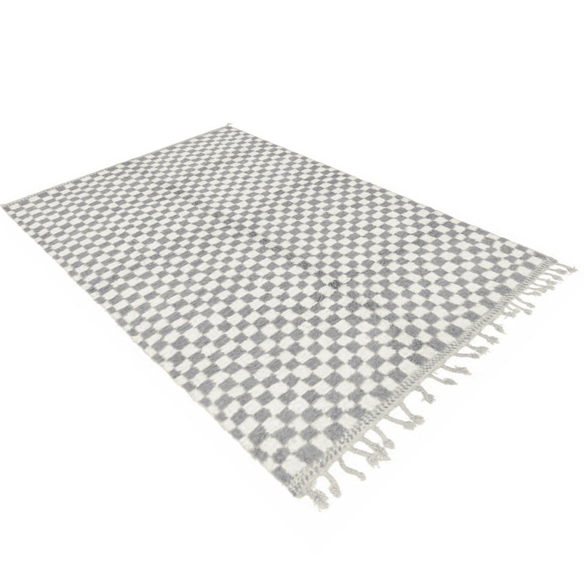 Front view of the gray checkered Moroccan rug featuring fringed edges against a white background.