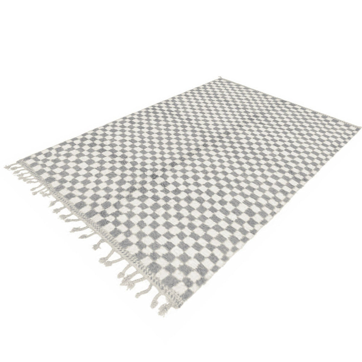 Front view of the gray checkered Moroccan rug showcasing its pattern against a white background.