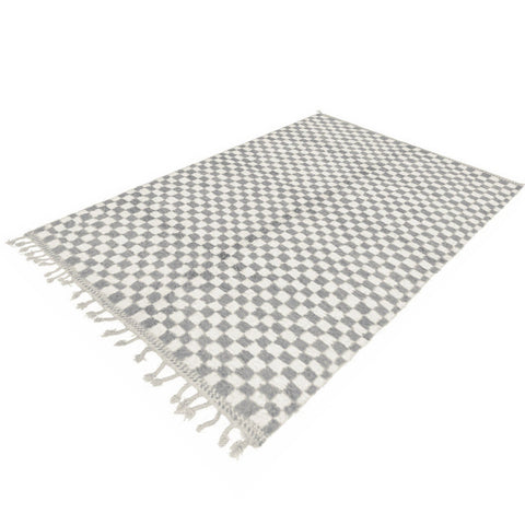 Front view of the gray checkered Moroccan rug showcasing its pattern against a white background.