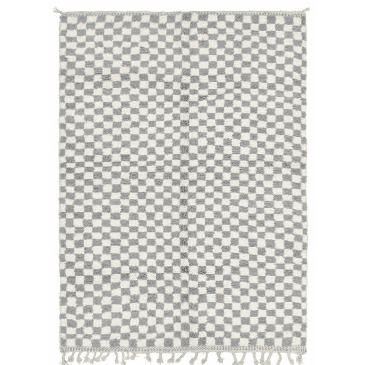 Front view of the gray checkered Moroccan rug with a white background.