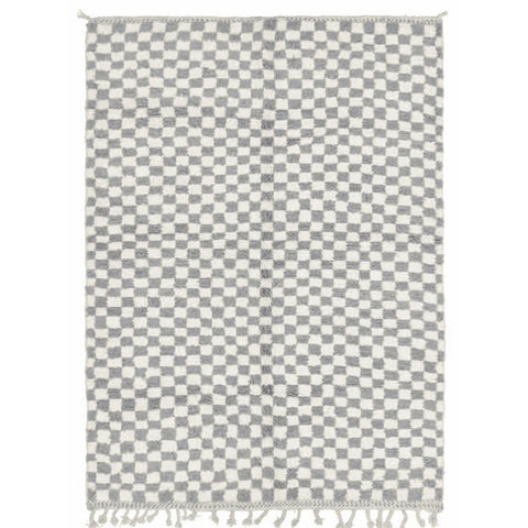 Front view of the gray checkered Moroccan rug with a white background.