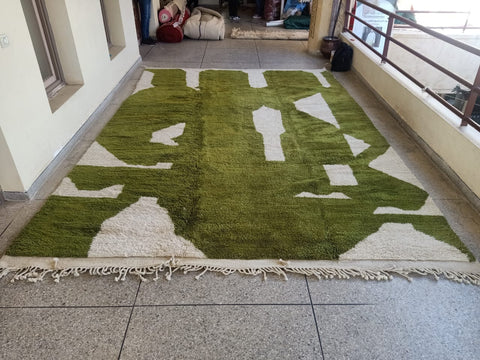 Green Beni Mrirt White Moroccan berber rug , beni ourain custom and handmade with natural wool - Africancreates