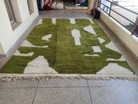 Green Beni Mrirt White Moroccan berber rug , beni ourain custom and handmade with natural wool - Africancreates