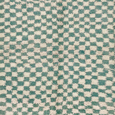 Close-up detail of the green checkered rug highlighting its tribal design.