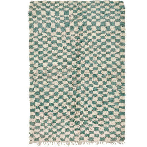 Front view of the green checkered Moroccan tribal rug showcasing its tribal pattern.