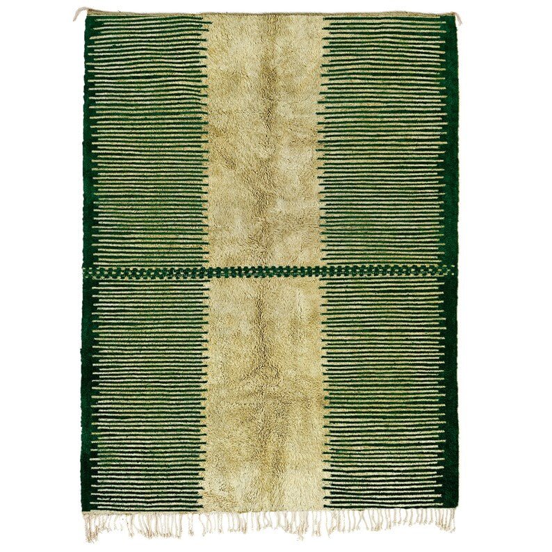 Front view of the green Moroccan rug featuring a striped design and fringe edges on a white background
