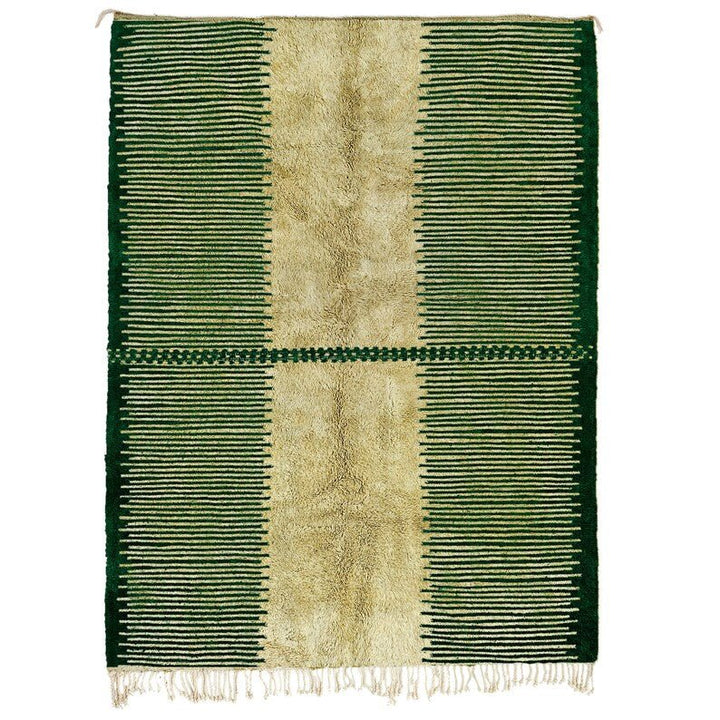 Front view of the green Moroccan rug featuring a striped design and fringe edges on a white background