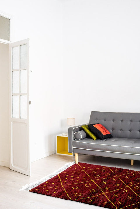 Moroccan red beni ourain rug , berber carpet design handmade and custom for living room and bedroom