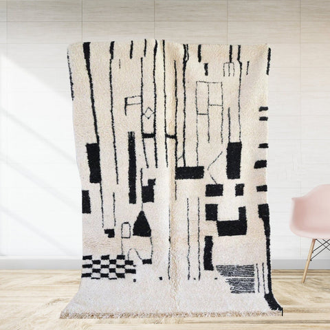Moroccan authentic 8x10 rugs , black and white contemporary rug design handmade with natural wool