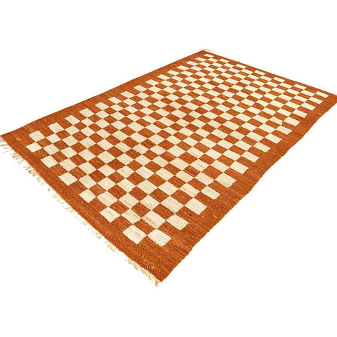 Orange Beni Ourain Moroccan rug checkered design , custom made for living room , handmade with natural wool