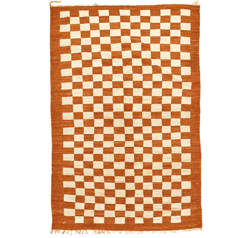 Orange Beni Ourain Moroccan rug checkered design , custom made for living room , handmade with natural wool