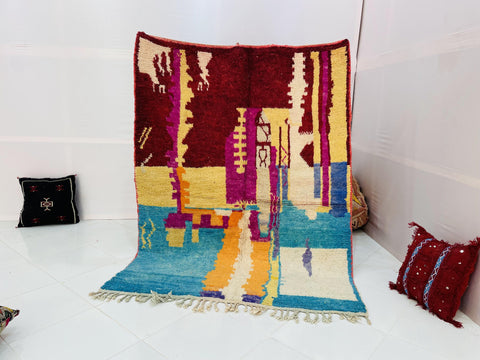 Moroccan Rug, Handmade beni Rug, Authentic Moroccan Rug, Abstract Berber Rug, bleu red Wool Rug, Sheep Wool Rug, Bohemian,Beni ourain rug