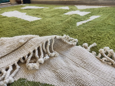 Green Beni Mrirt White Moroccan berber rug , beni ourain custom and handmade with natural wool