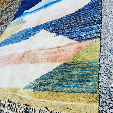 Blue and Yellow Beni Mrirt White Moroccan berber rug , beni ourain custom and handmade with natural wool