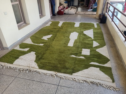 Green Beni Mrirt White Moroccan berber rug , beni ourain custom and handmade with natural wool