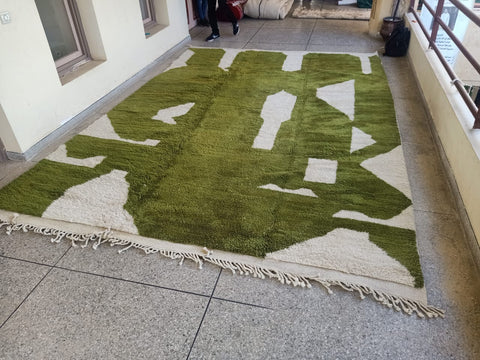 Green Beni Mrirt White Moroccan berber rug , beni ourain custom and handmade with natural wool