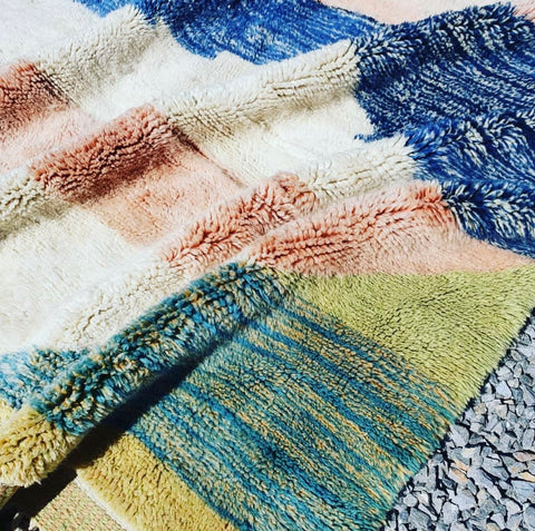 Blue and Yellow Beni Mrirt White Moroccan berber rug , beni ourain custom and handmade with natural wool
