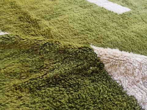 Green Beni Mrirt White Moroccan berber rug , beni ourain custom and handmade with natural wool