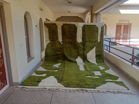 Green Beni Mrirt White Moroccan berber rug , beni ourain custom and handmade with natural wool