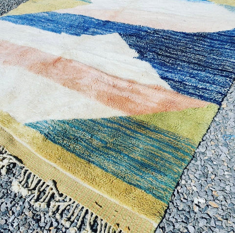 Blue and Yellow Beni Mrirt White Moroccan berber rug , beni ourain custom and handmade with natural wool