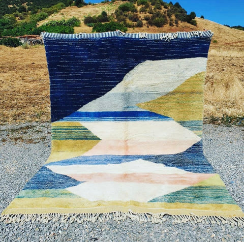Blue and Yellow Beni Mrirt White Moroccan berber rug , beni ourain custom and handmade with natural wool