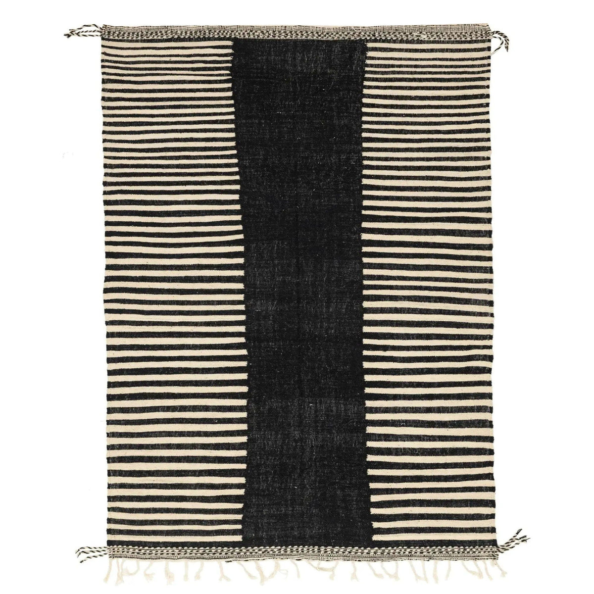 Front view of the black and taupe zebra striped rug with a flatweave design.