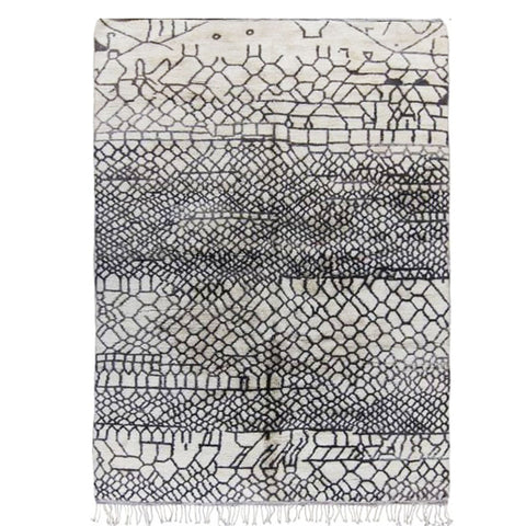 Front view of the black and off-white abstract design Beni Ourain rug.