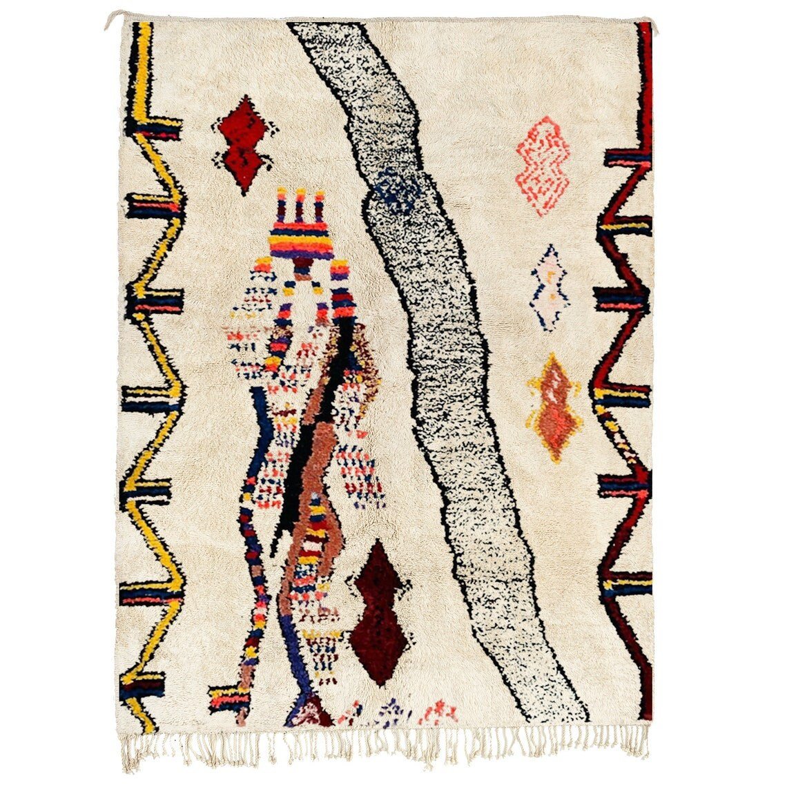 Detail close-up of the multicolor abstract Azilal Moroccan rug showcasing red, blue, and orange patterns.