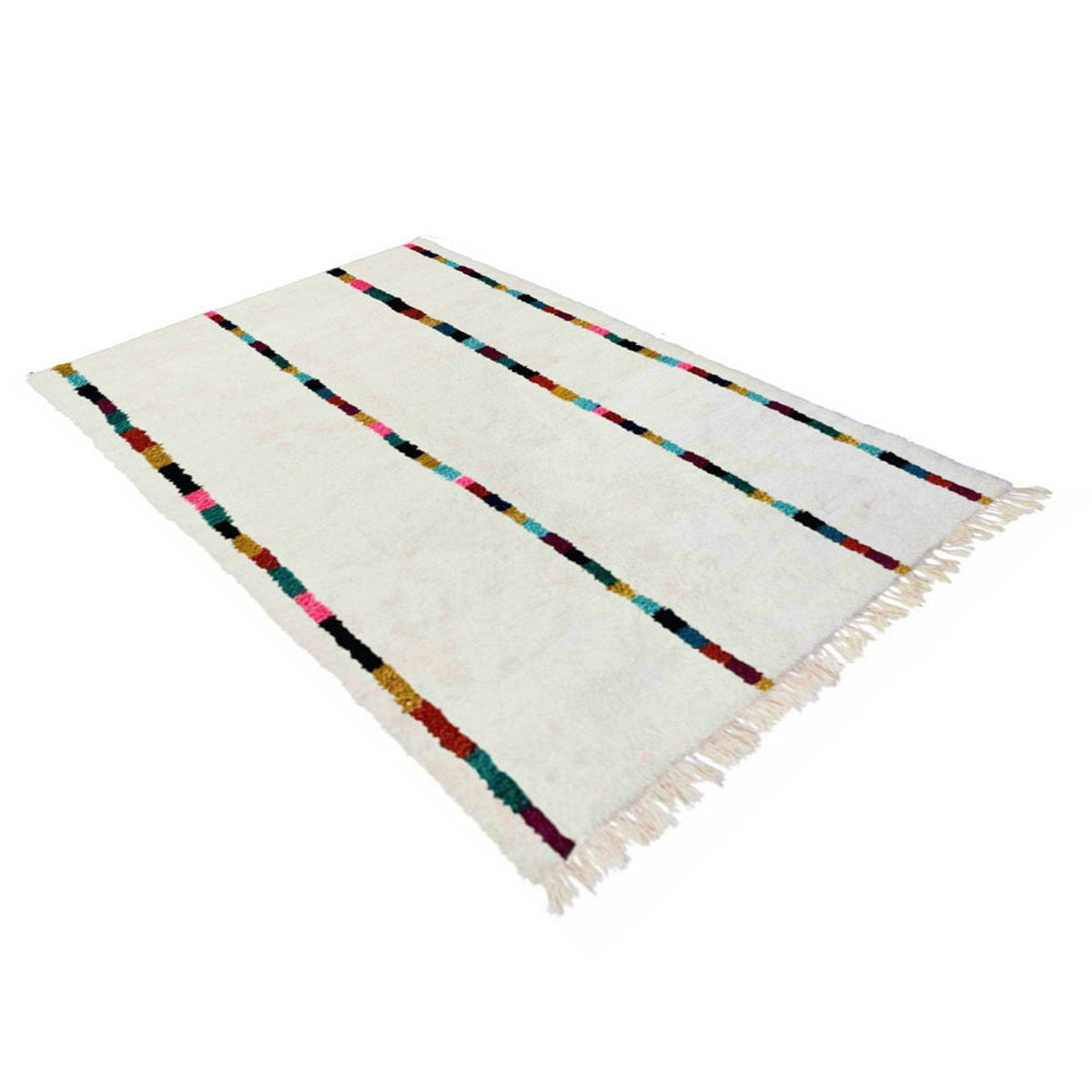Front view of a striped Moroccan Berber rug showcasing multicolor designs on a white background.