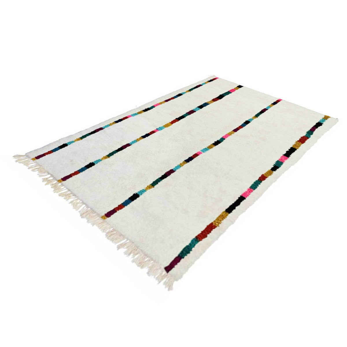 Front view of a striped Moroccan Berber rug displaying multicolor patterns against a white backdrop.