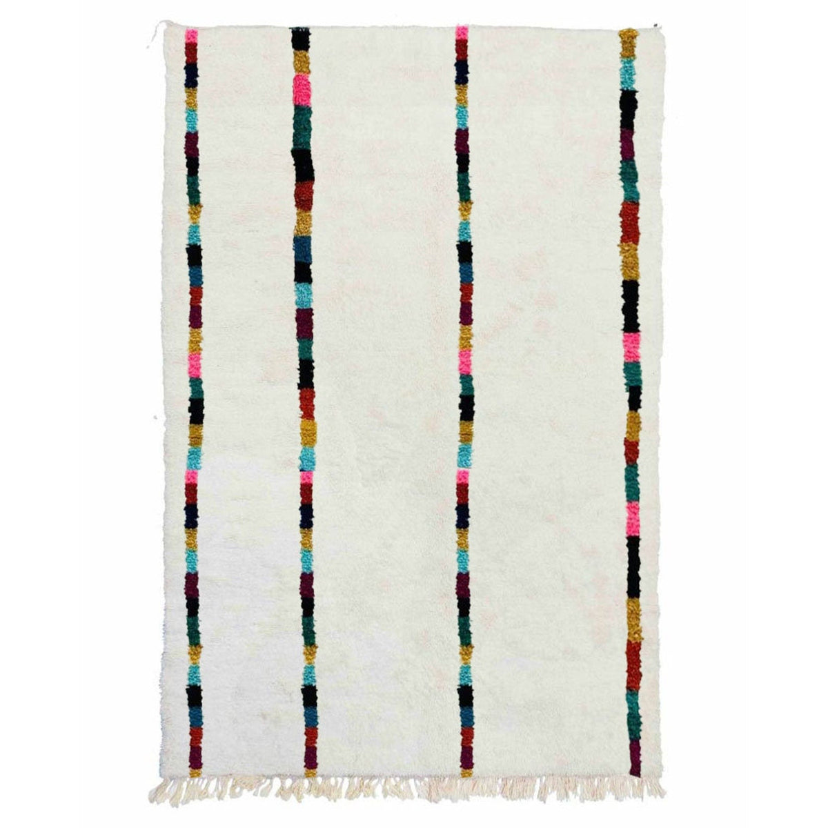 Front view of a striped Moroccan Berber rug featuring multicolor patterns on a white background.