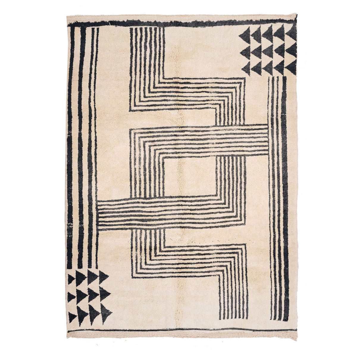 Front view of the cream and black Moroccan Beni Mrirt rug featuring a geometric pattern.