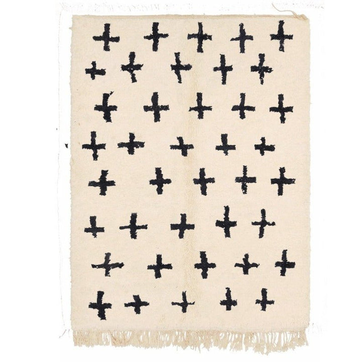 Front view of the Off-White Cross Pattern Custom Beni Ourain Moroccan Rug showcasing a cross Berber design.