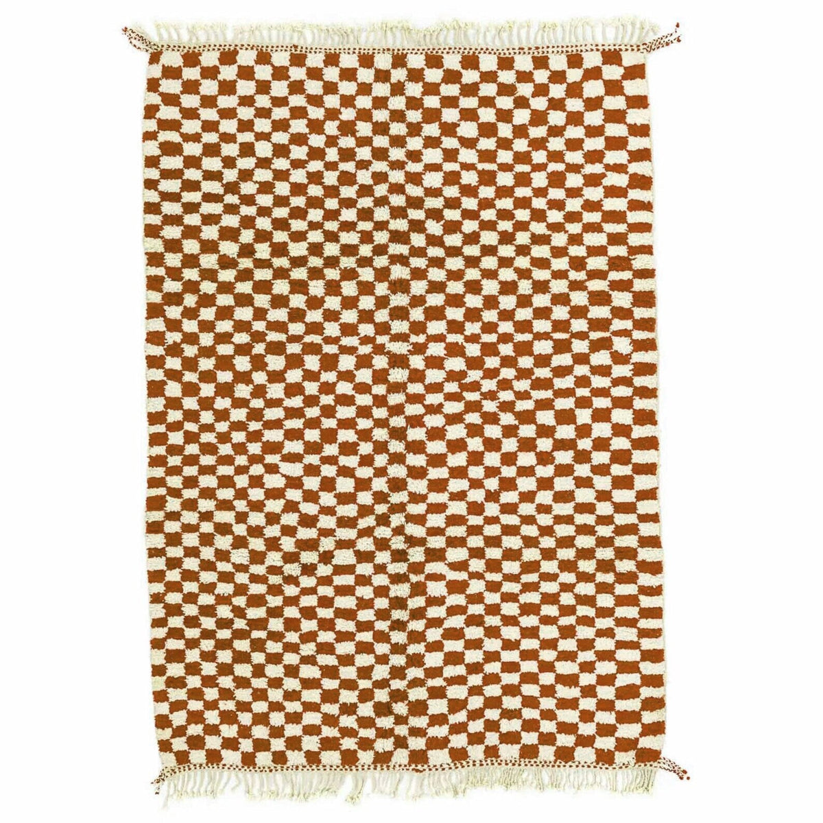 Front view of the beige checkered Moroccan rug with brown and white patterns.
