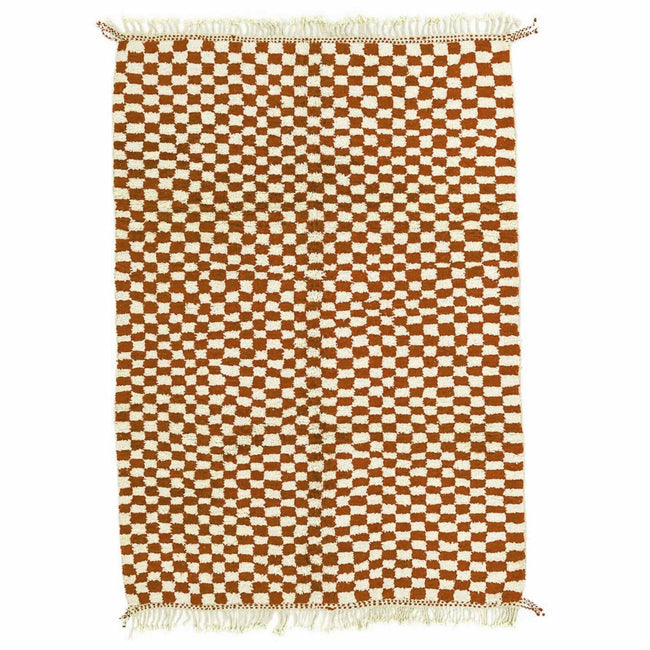 Front view of the beige checkered Moroccan rug with brown and white patterns.