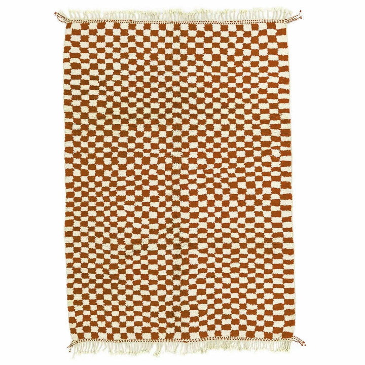 Front view of the beige checkered Moroccan rug with brown and white patterns.