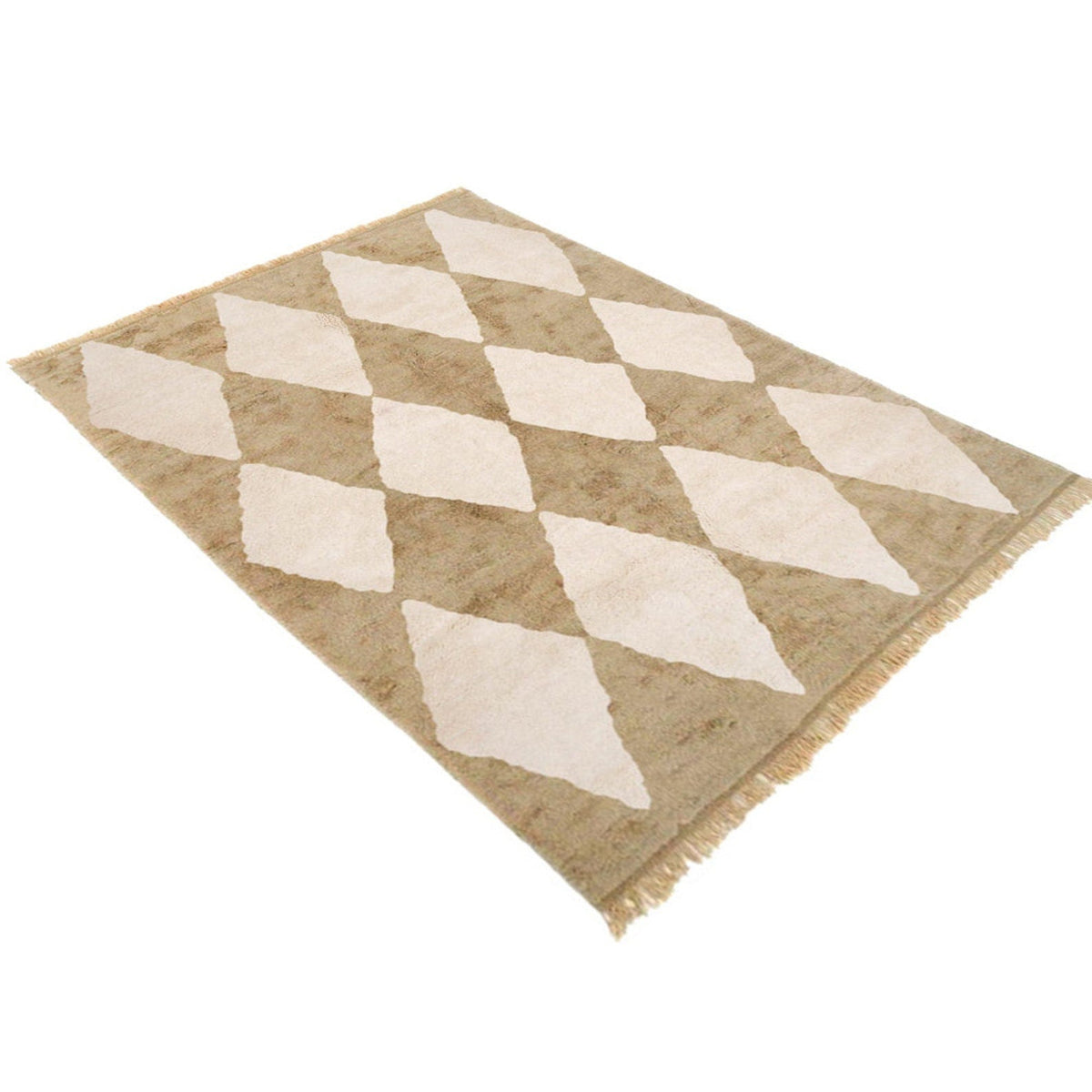 View of the handwoven rug displaying a diamond pattern in beige and white
