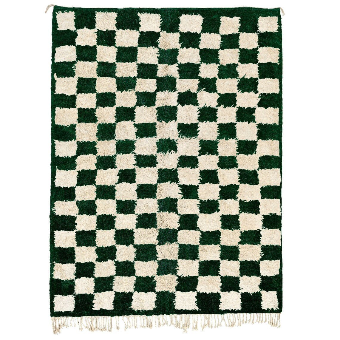 Front view of the green checkered Moroccan rug on a white background.