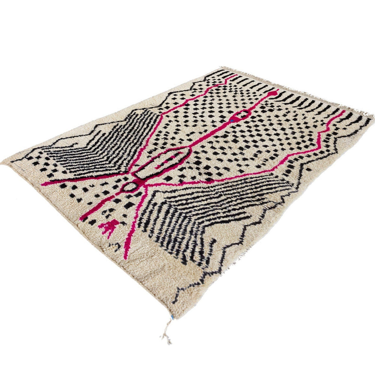 Side view highlighting the pink and black geometric patterns of the Azilal rug.