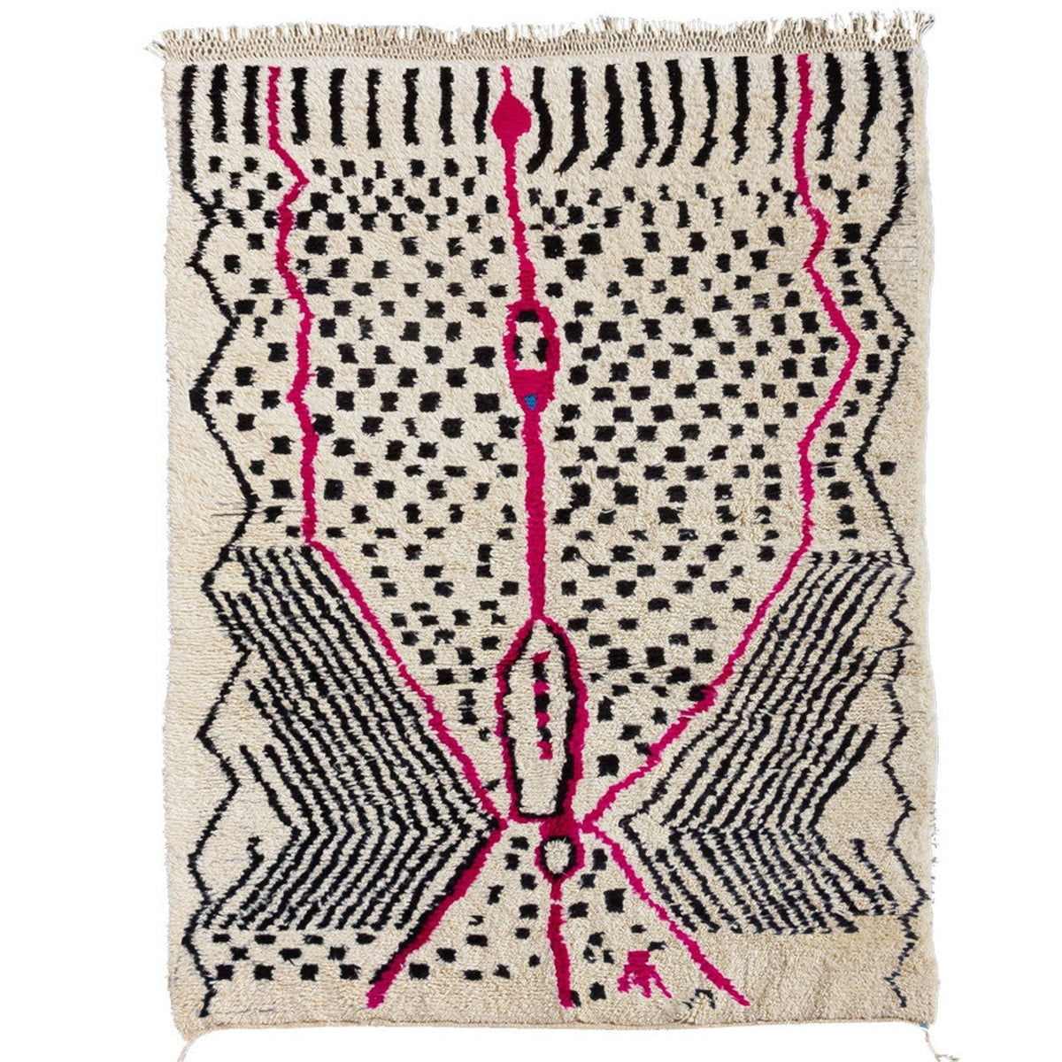 Detail close-up of the pink and black geometric pattern on the Azilal rug.