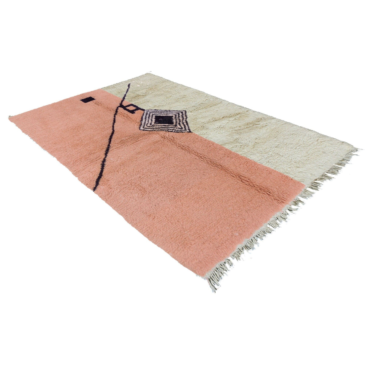 View of the contemporary Berber rug in pink, cream, and black with geometric design.